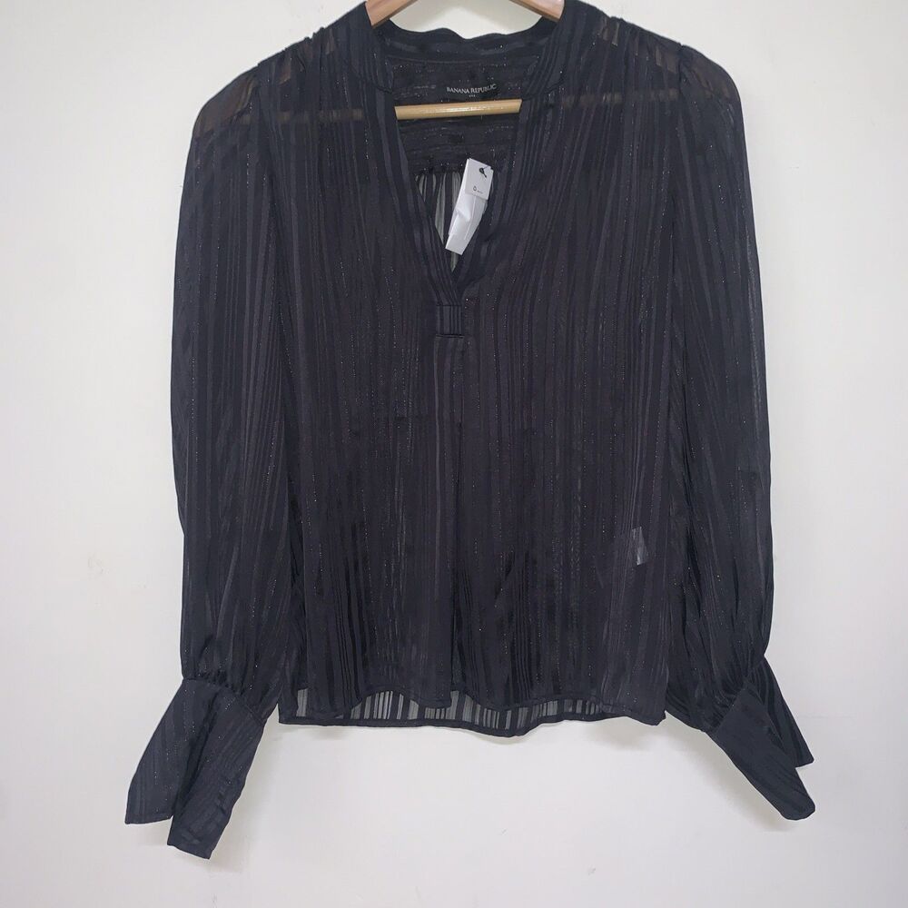 NWT Banana Republic Womens XS Semi-Sheer V-neck Black Blouse Office Party Luxury